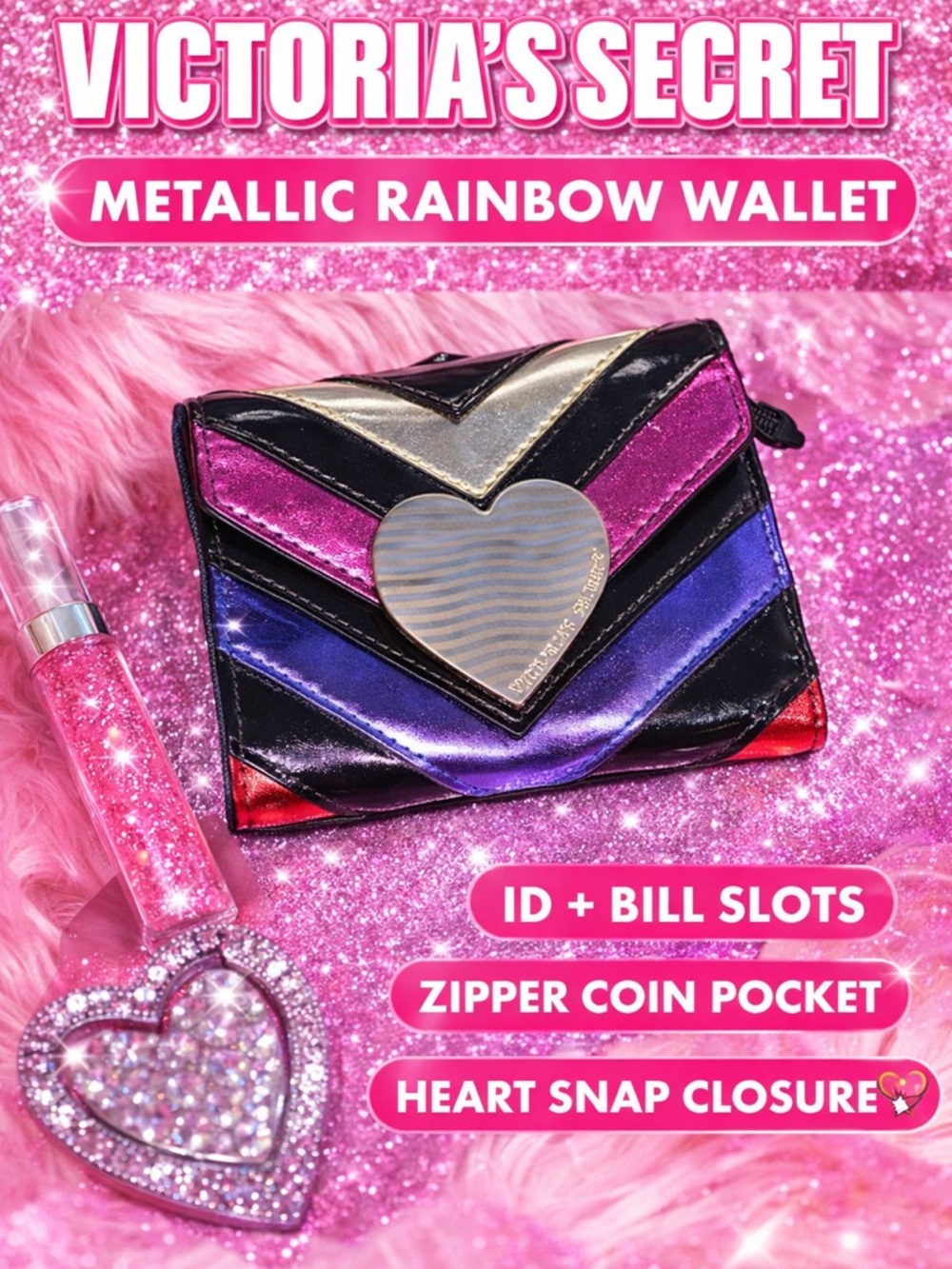 Victoria’s Secret Metallic Rainbow Wallet Heart Snap Closure